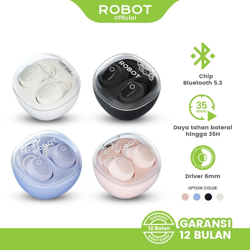ROBOT TWS Wireless Earbuds Bluetooth 5.3 Mini Transparant Earphone Wireless Flybuds T22 Original - Garansi 1 Tahun