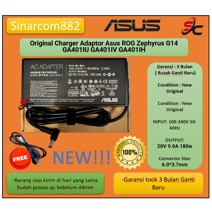 CHARGEUR POUR ASUS ROG ZEPHYRUS G14 GA401IH-HE072T - 20V 9A - 6.0 x 3.7mm