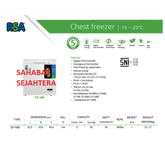 Jual RSA Chest Freezer Kapasitas 144 Liter CF-160 Freezer Box | Shopee ...