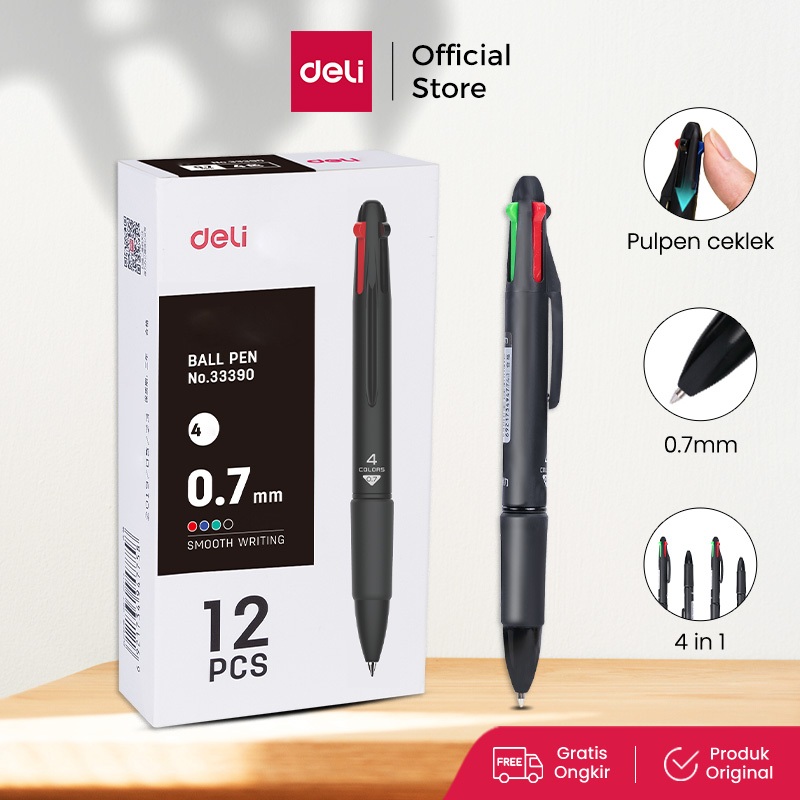 Deli pulpen cetek warna-warni 4 warna 0.7mm pulpen pelajar multifungsi 33390