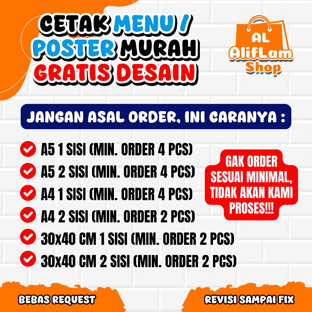Jual CETAK MENU MURAH GRATIS DESAIN | UKURAN 30x40 CM | UKURAN A4 ...