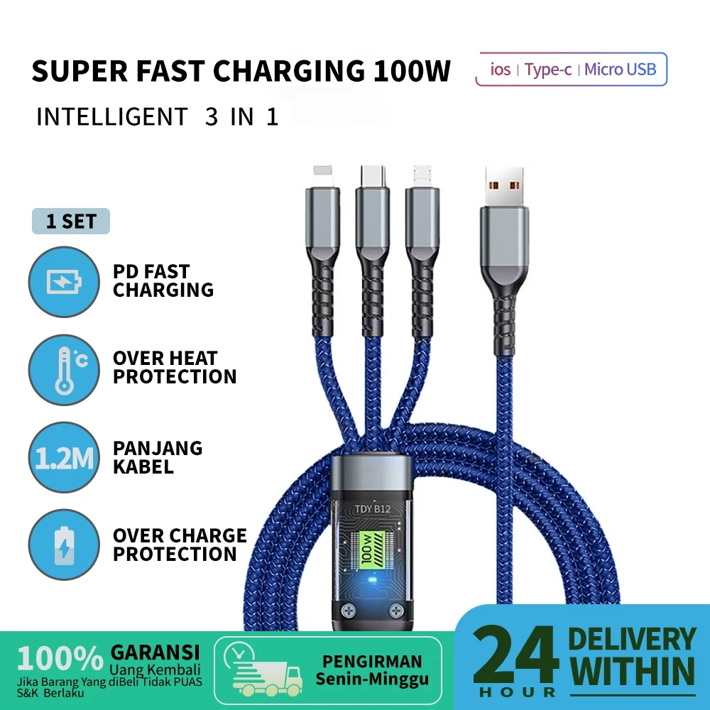 Kabel data 40w 3in1 fast super charging 100w usb micro, type c,