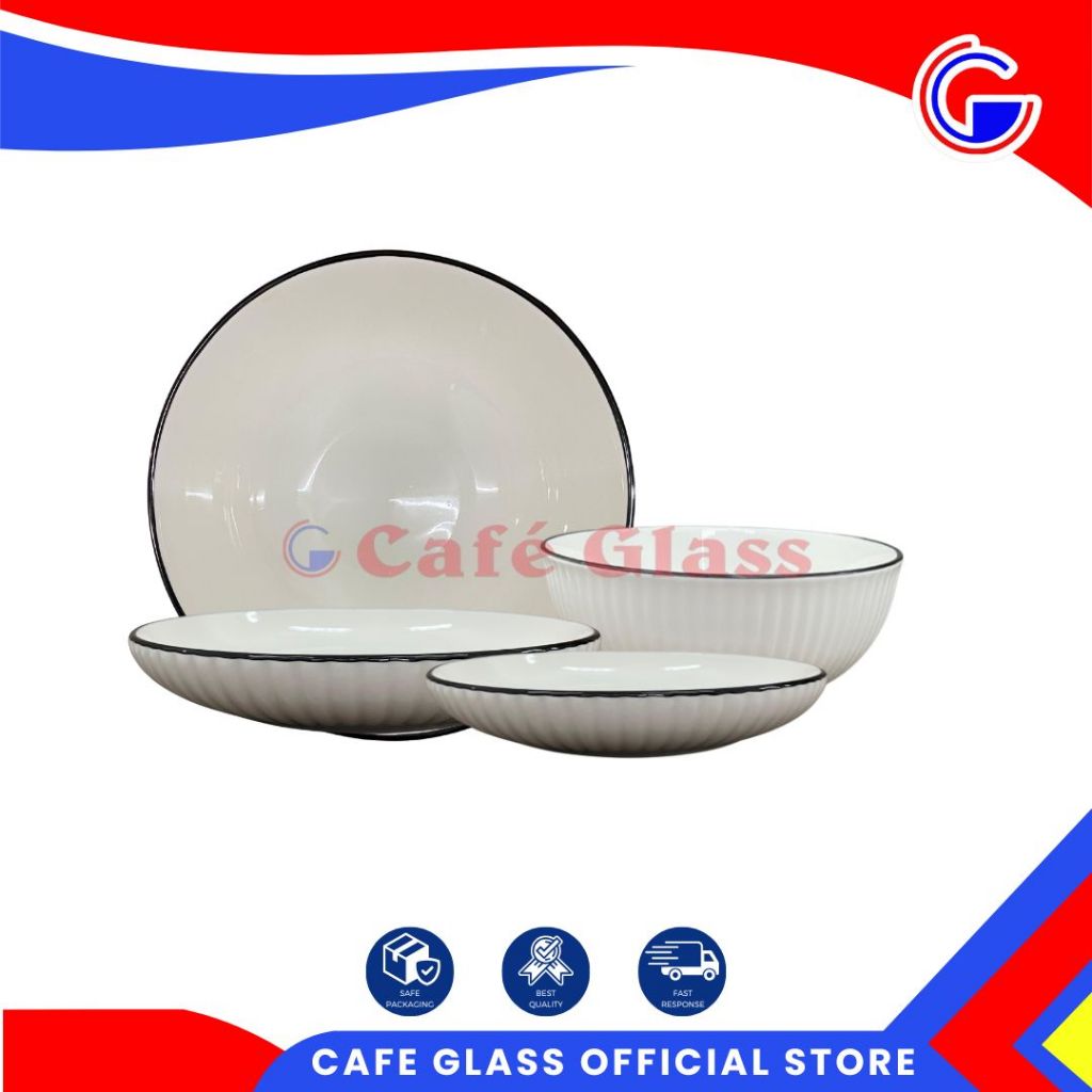 Piring Makan Keramik Putih Polos Emboss / Mangkuk Ramen Minimalis Motif Ringgik / Set Piring & Mangkok Putih Gen-Z / White Dinner Set Keramik Elegan Cafe Glass / Hampers Lebaran Dinnerware Set