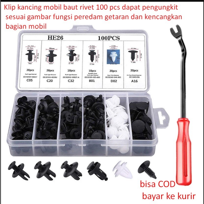 Jual Klip kancing mobil baut rivet 100 pcs dapat pengungkit sesuai ...