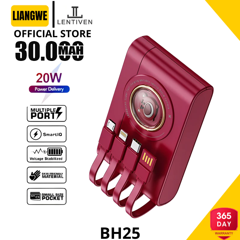 Liangwe lentiven power bank mini 30000 mah fast charging with kabel type
