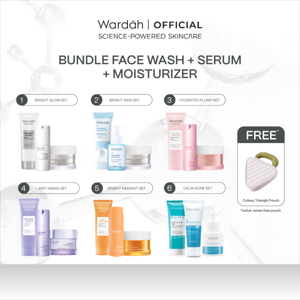 Wardah [3 pcs] Paket Gel Moisturizer, Face Wash, dan Serum - Calm Acne, Hydrated Plump, Youth Glowing, Bright Glowing, Bright Radiant