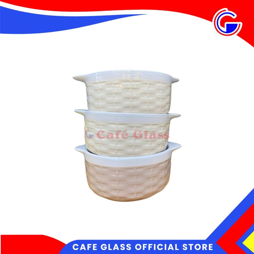 Mangkok Keramik Cream Brown / Mangkuk Motif Anyaman Coklat Putih / Keranjang Piknik Bowl