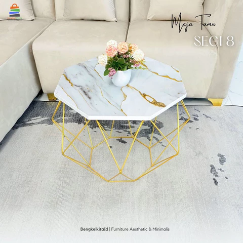 Meja Tamu Aesthetic Meja Sofa Segi 8 - MEJA SEGI 8 - Octagon Garis Marmer UV Gold