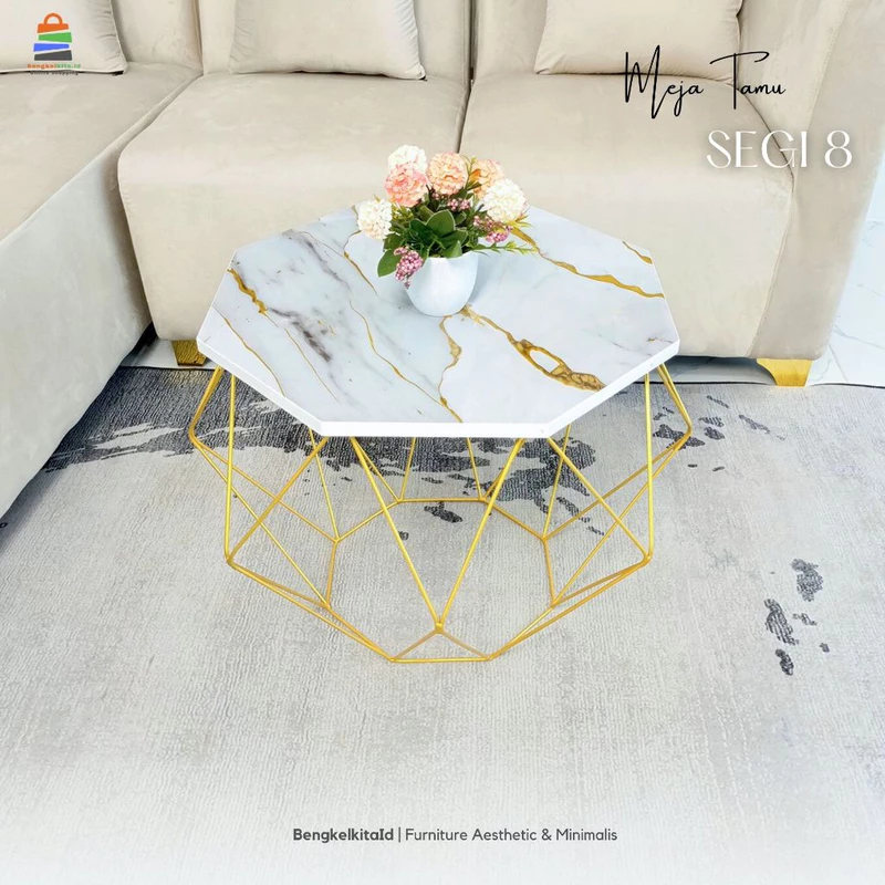 Meja Tamu Aesthetic Meja Sofa Segi 8 - MEJA SEGI 8 - Octagon Garis Marmer UV Gold