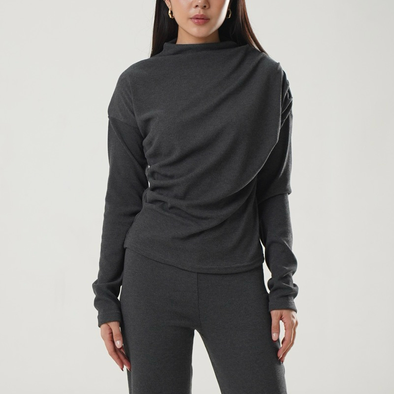HOLLY TOP - Atasan Knit Wanita Lengan Panjang Ruched Pleated Rample Basic Korean Top Summer Baju Knit Boat Neck Rib Wanita Long Sleeves SOMA
