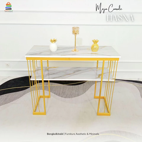 Aesthetic Console Table Study Desk - MEJA HASNA - Modern Minimalist Besi Beton Gold