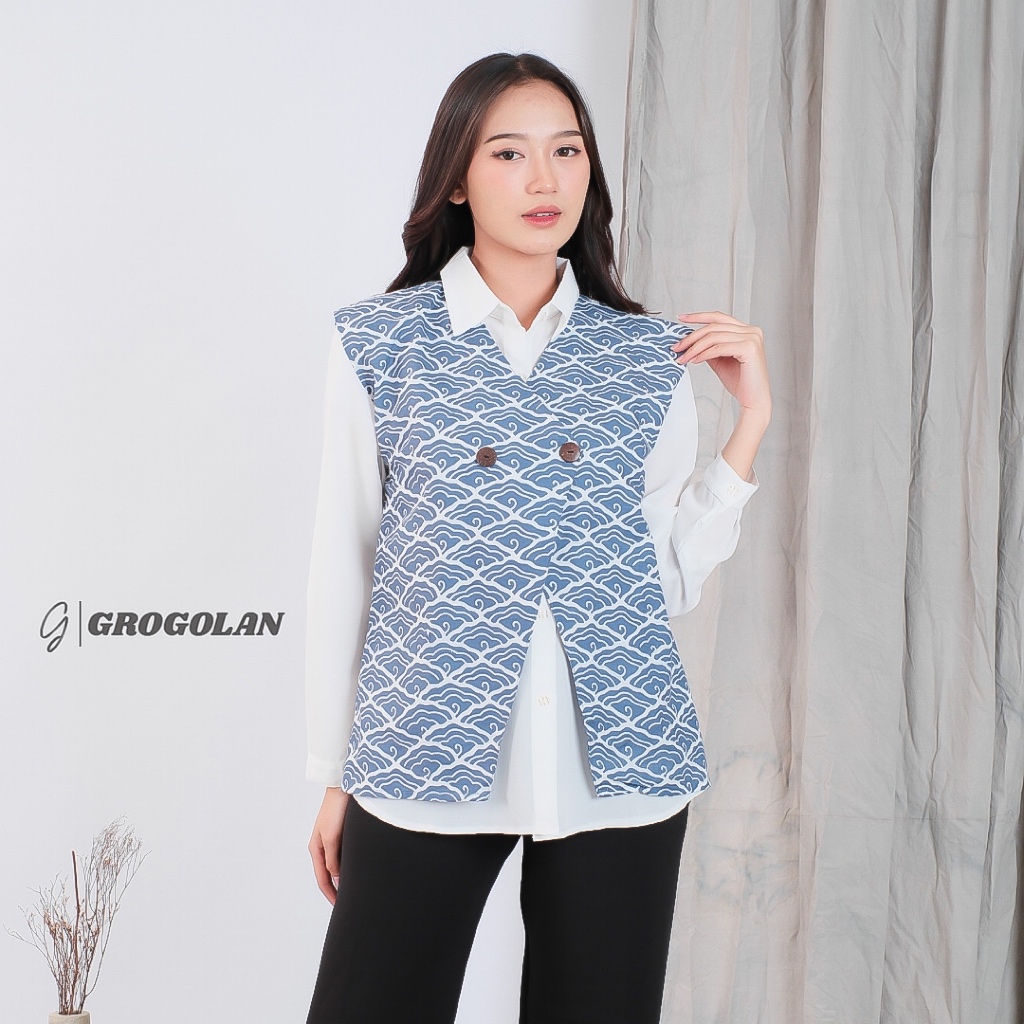 Jual GROGOLAN Vest Outer Rompi Batik V Neck Atasan Wanita Motif Kerang ...