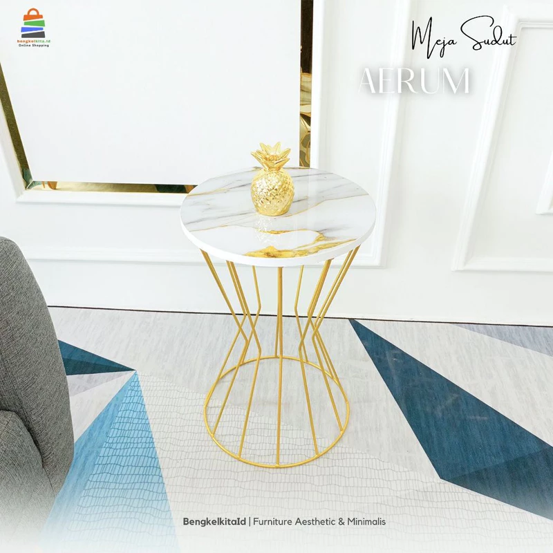 Meja Sudut Aesthetic Meja Samping Sofa - MEJA AERUM - Bulat Minimalis Marmer UV Gold