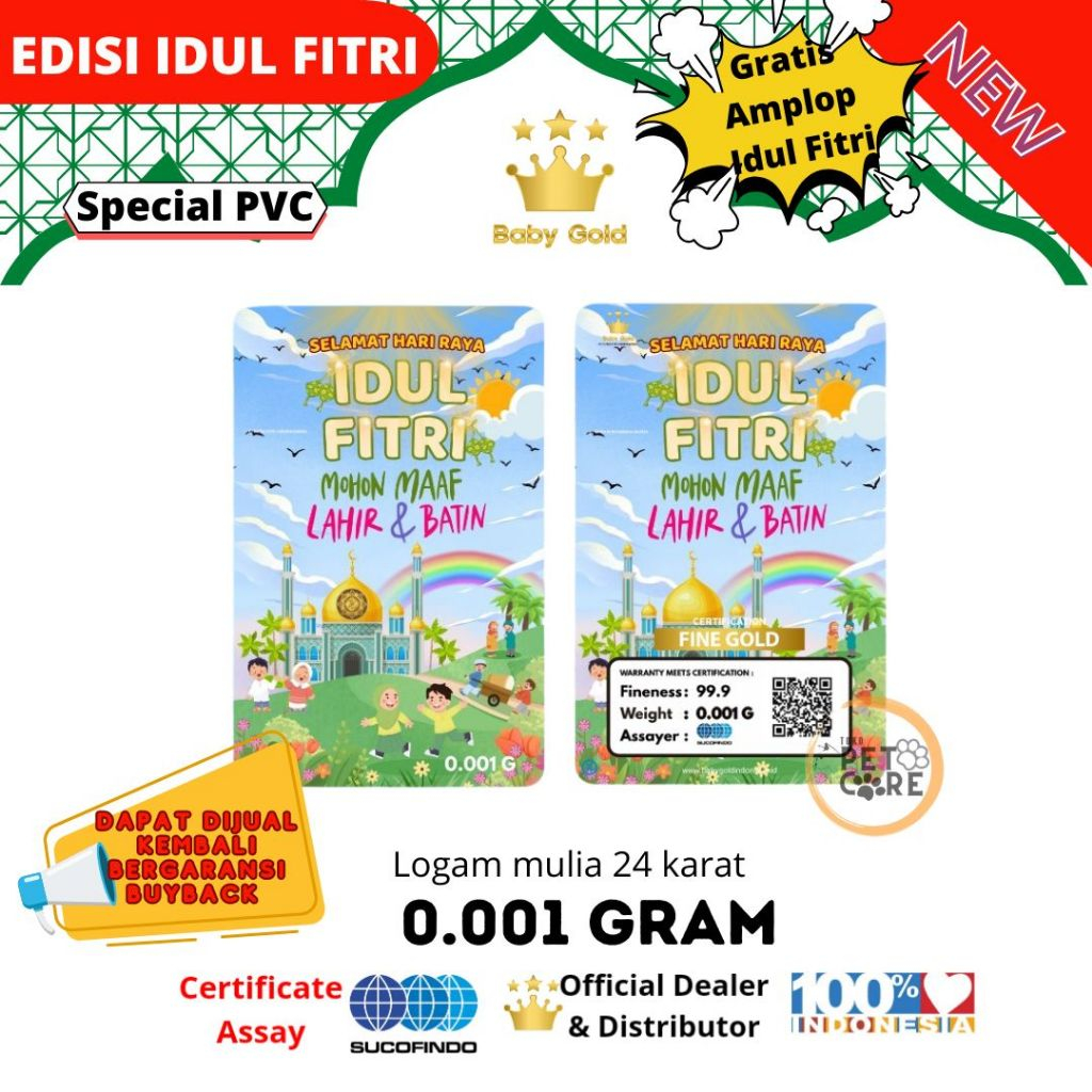 BABY GOLD edisi IDUL FITRI PELANGI 0.001 Gram Logam Mulia Emas Mini hadiah hampers THR ( GRATIS AMPLOP )