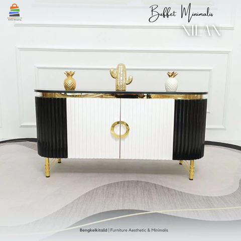 Meja Nilan Buffet TV Minimalis Aesthetic / Rak TV Mewah 2 Pintu Kayu Solid Cat Duco Glossy List Gold Marmer