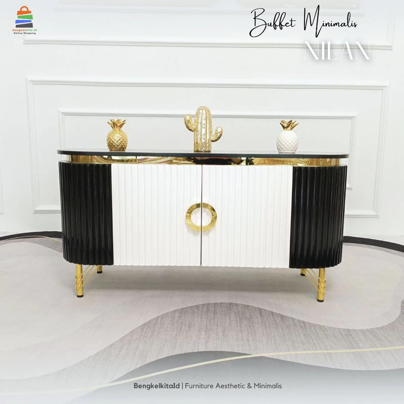 Meja Nilan Buffet TV Minimalis Aesthetic / Rak TV Mewah 2 Pintu Kayu Solid Cat Duco Glossy List Gold Marmer