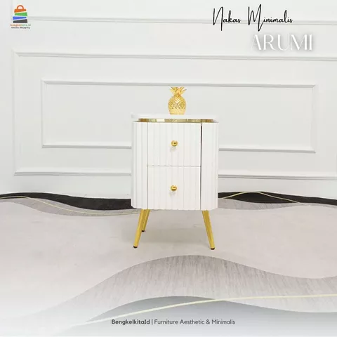 Nakas Aesthetic Meja Samping Tempat Tidur - NAKAS ARUMI - Laci Kayu Solid Cat Duco Glossy