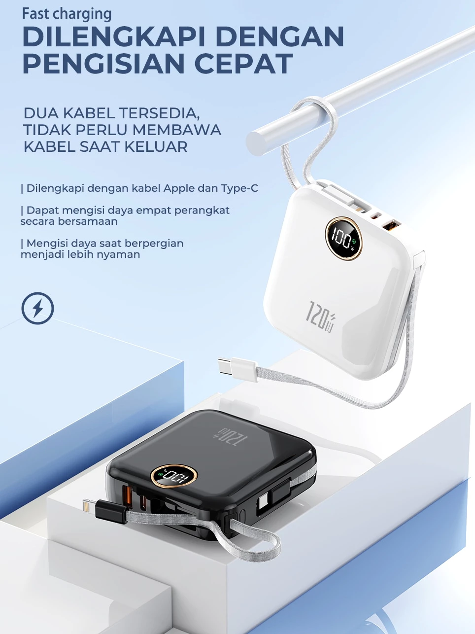 SKCBO Mini Powerbank Super Fast Charging 120W Power Bank 20000mah Built in Cable Type C lightning for Iphone & Android