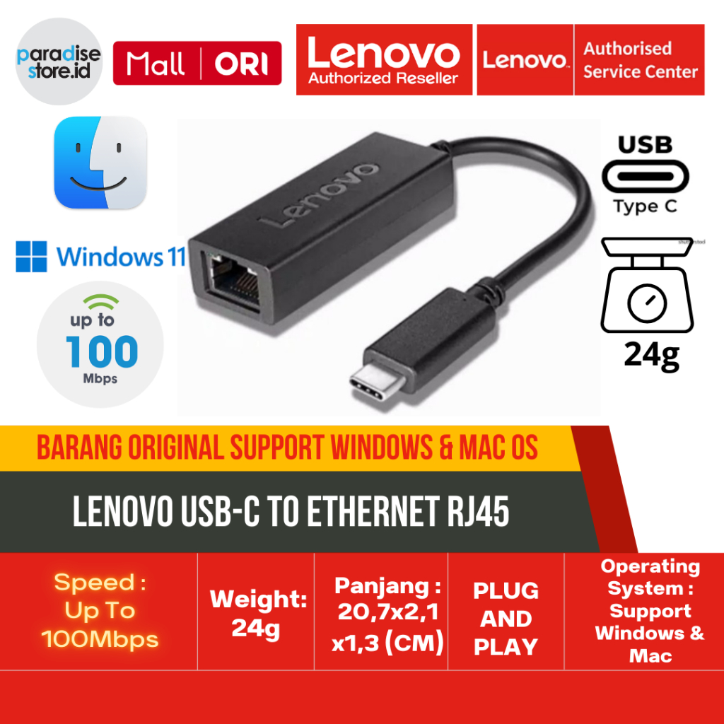Jual Lenovo USB-C to Ethernet Adapter RJ45 4X90S91831 | Shopee Indonesia
