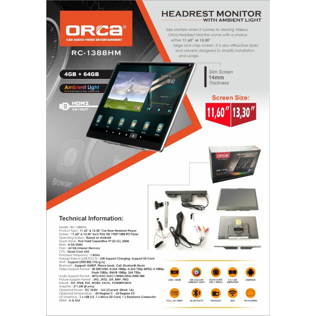 Jual Headrest Monitor Android ORCA RC-1388HM 11 Inch / 13 Inch Ram 4 ...