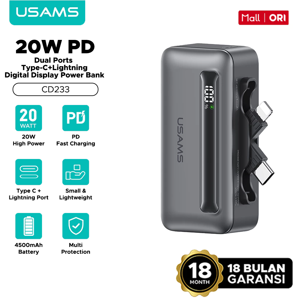 USAMS XB Series Powerbank Digital Display Type C + Lightning Fast Charging 20W 4500mAh CD233