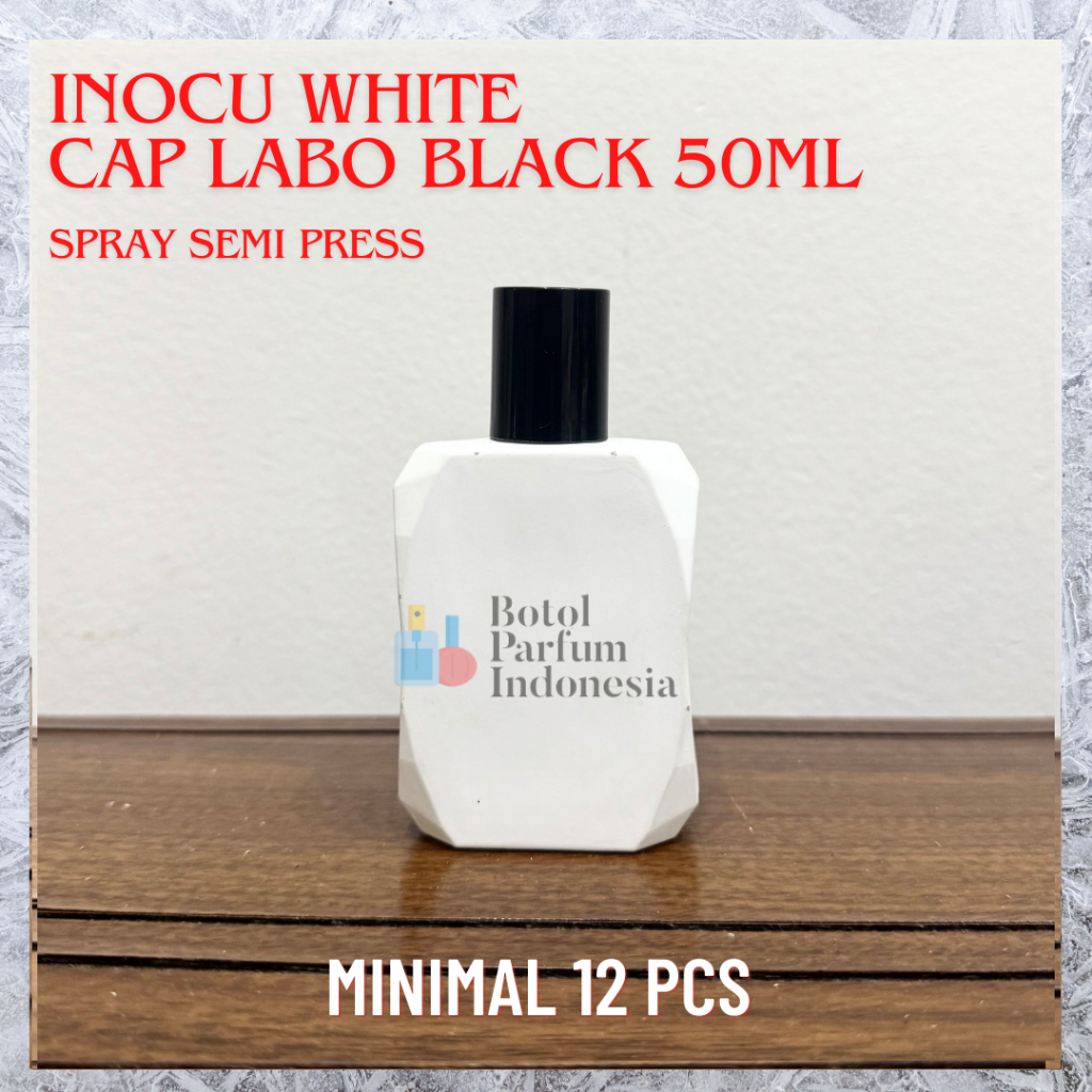 Jual Botol Parfum Kaca Inocu White 50ml Cap Labo Black Spray Semi Press ...
