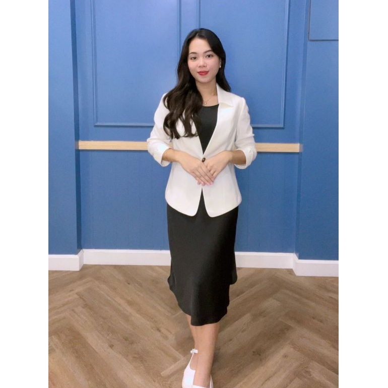 Jual Emma.Butik E00334 Midi Dress One Set Blazer Putih Hitam Polos Kantor Formal | Shopee Indonesia