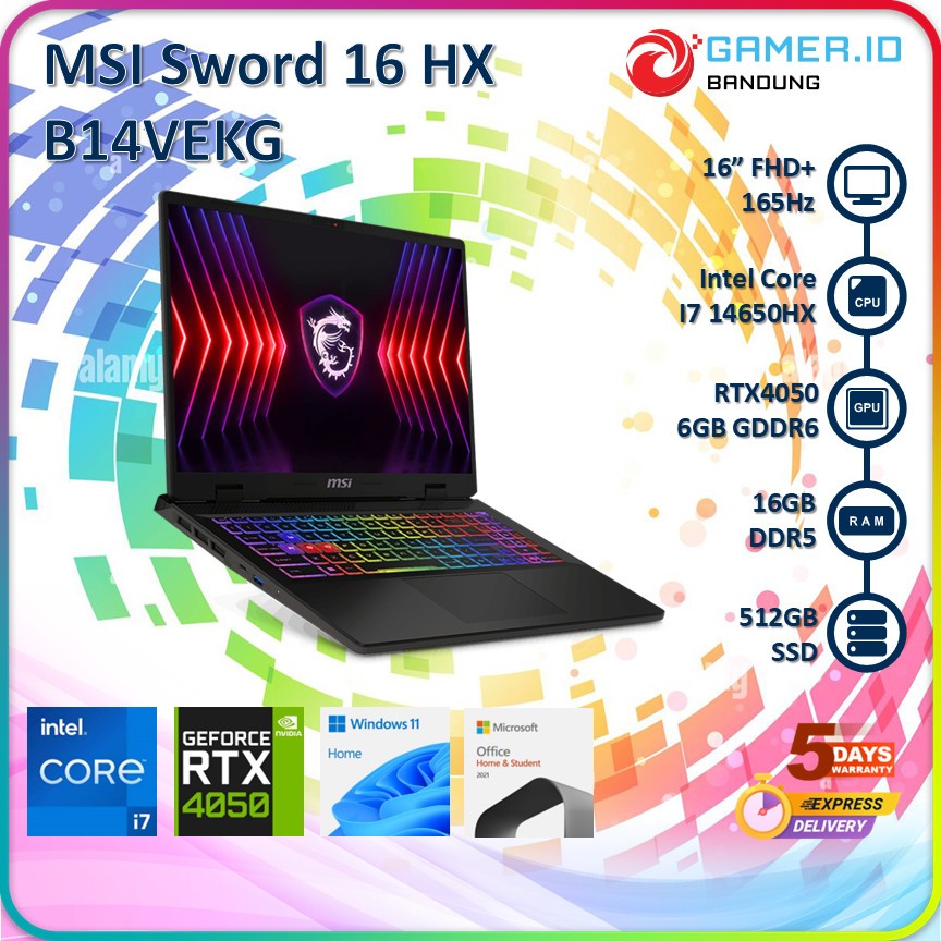 Jual MSI SWORD 16 HX B14VEKG I7 14650HX RTX4050 16GB 512GB 16
