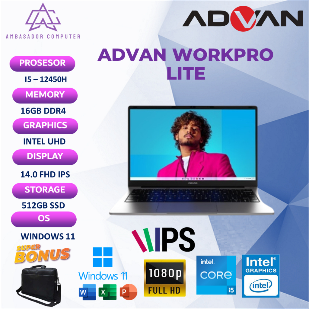 Jual Laptop Advan Workpro Lite i5 12450H 16GB 256GB Windows11 Full HD ...