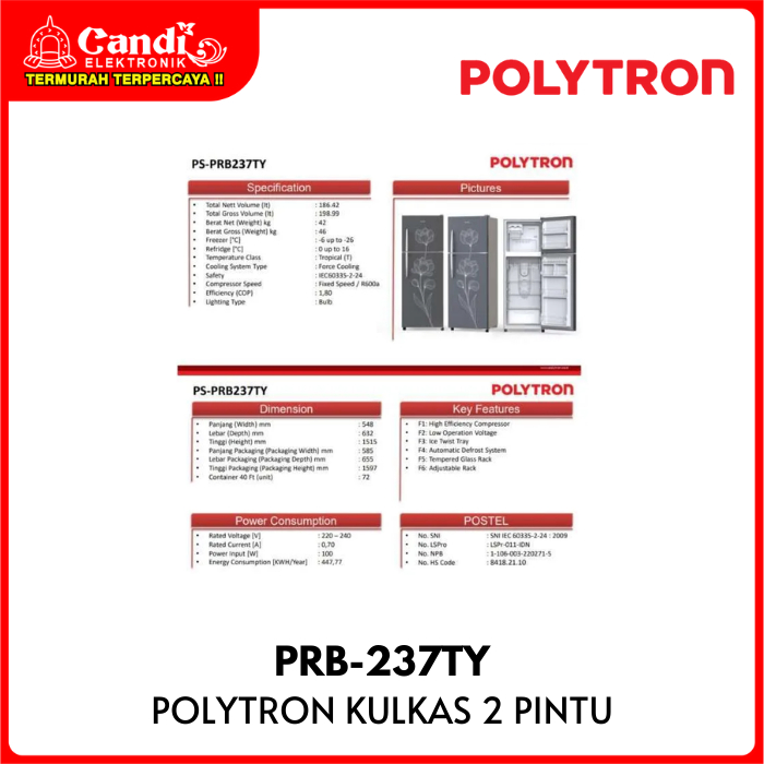 Jual POLYTRON Kulkas 2 Pintu Kapasitas 186 Liter Auto Defrost System ...