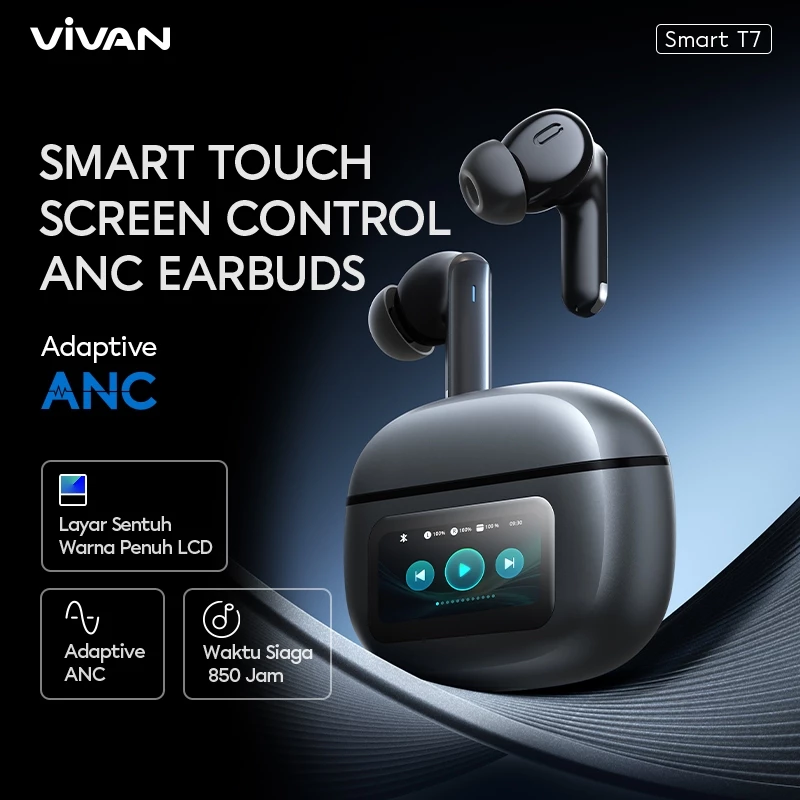 VIVAN Touch Screen TWS Adaptive ANC ENC Bass Up Technology 13mm BT5.4 Smart T7 Garansi 12 Bulan