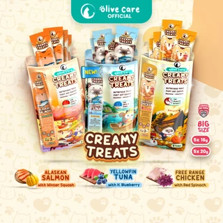 Olive Care PAKET CREAMY TREATS 16gr & 20gr isi 5 Tubes Snack Cemilan Kucing Bernutrisi dengan Daging Tuna/Salmon/Ayam Asli with Highbush Blueberry/Winter Squash/Red Spinach