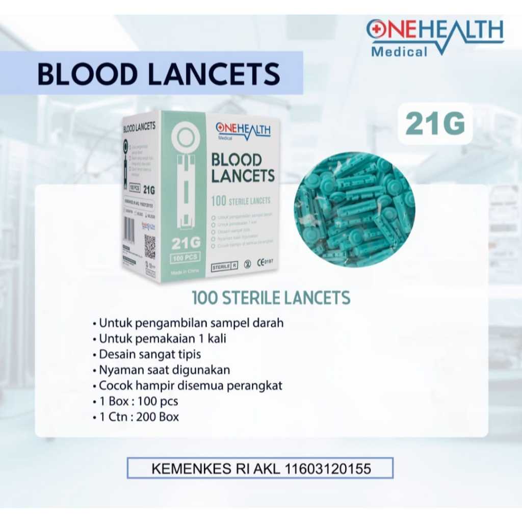 Jual ONEHEALTH Blood Lancet 21G Lancets Jarum Bekam Isi 100 Steril ...