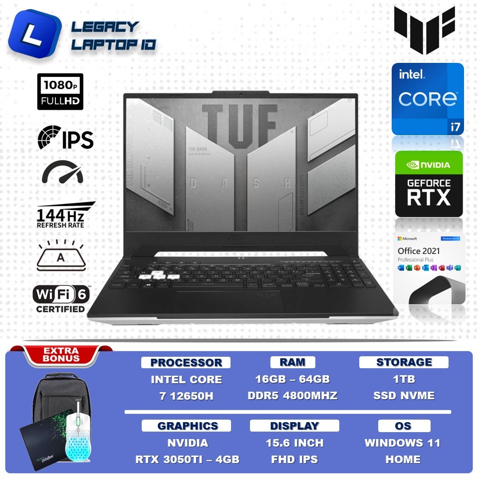 Jual Laptop Gaming Asus TUF DASH F15 FX517ZE Intel Core i7 12650H 64GB ...