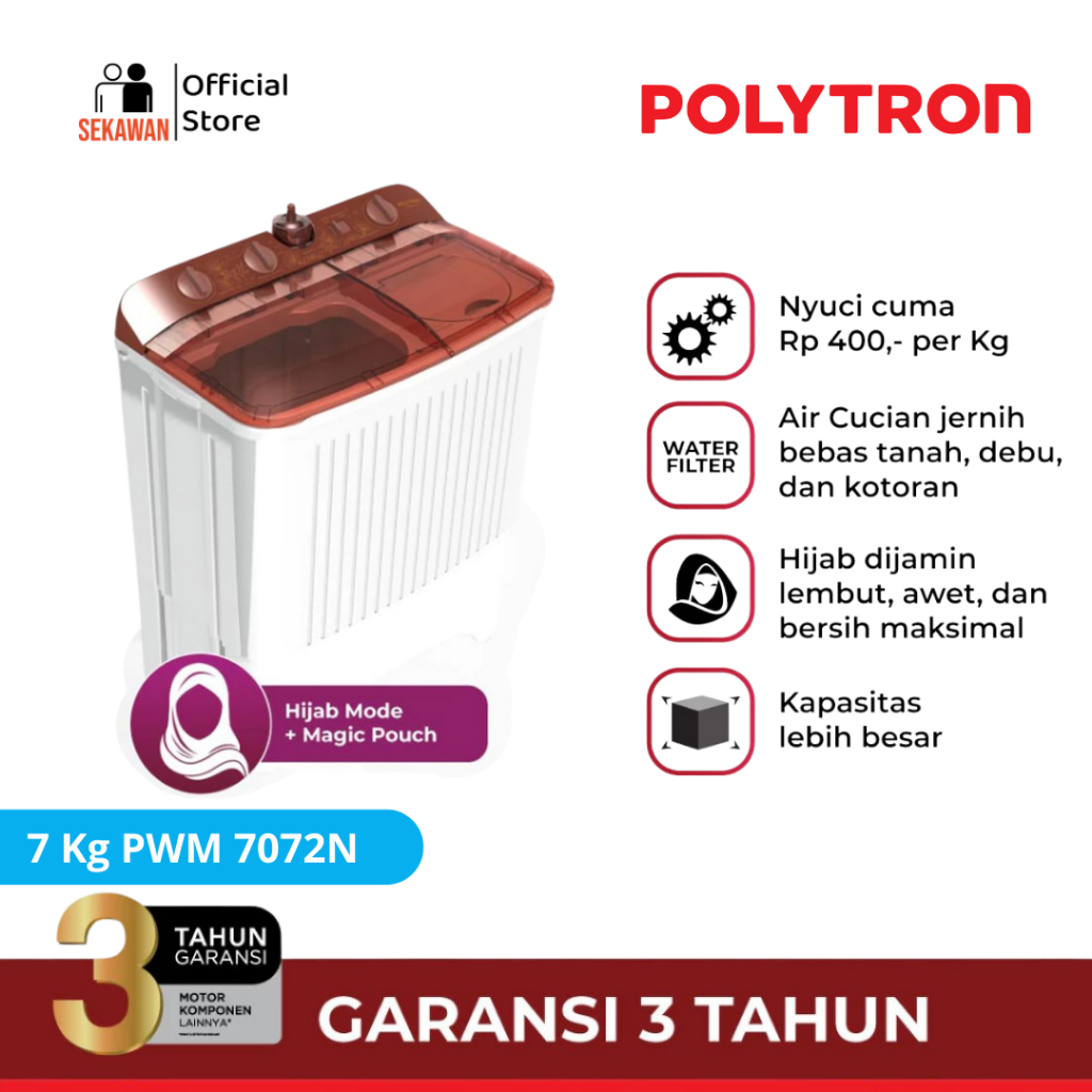 Jual Mesin cuci POLYTRON Primadona Giant 2 tabung 7 Kg PWM 7072N ...