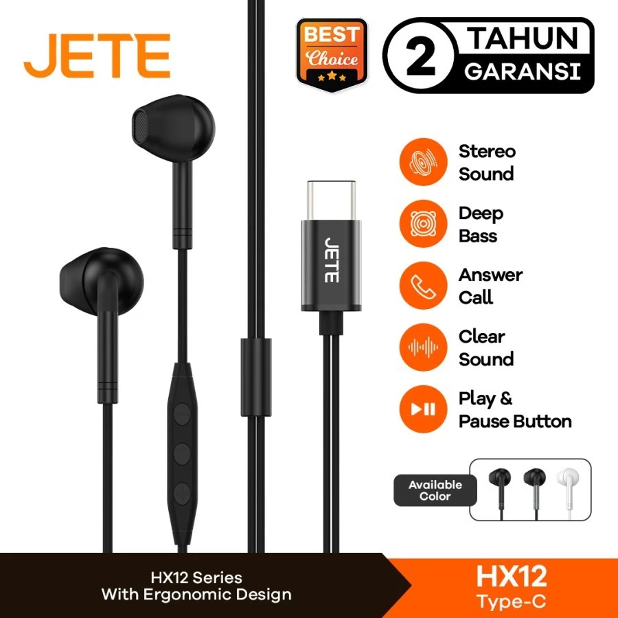 JETE HX12 Headset Type C Stereo | Earphone Type C Super Bass with Mic