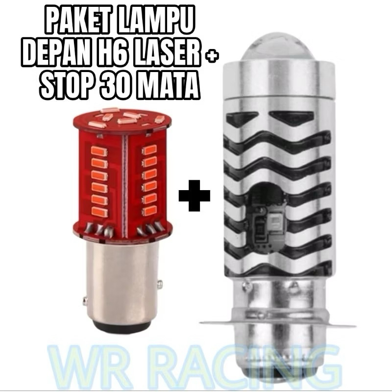 ( PAKET HEMAT ) LAMPU LED DEPAN H6 LASER SENJA + LAMPU STOP BELAKANG 30 MATA RUNNING SEMUA MOTOR