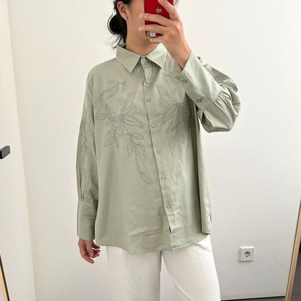 Jual Sanee Eve Floral Embroidery Shirt Kemeja Wanita Kekinian