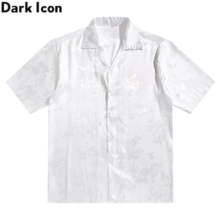 Dark Icon Kemeja Hitam Motif Bunga Jacquard Satin Kemeja Pria Lengan Pendek Oversized Retro Kemeja Cowok Premium Putih/Beige