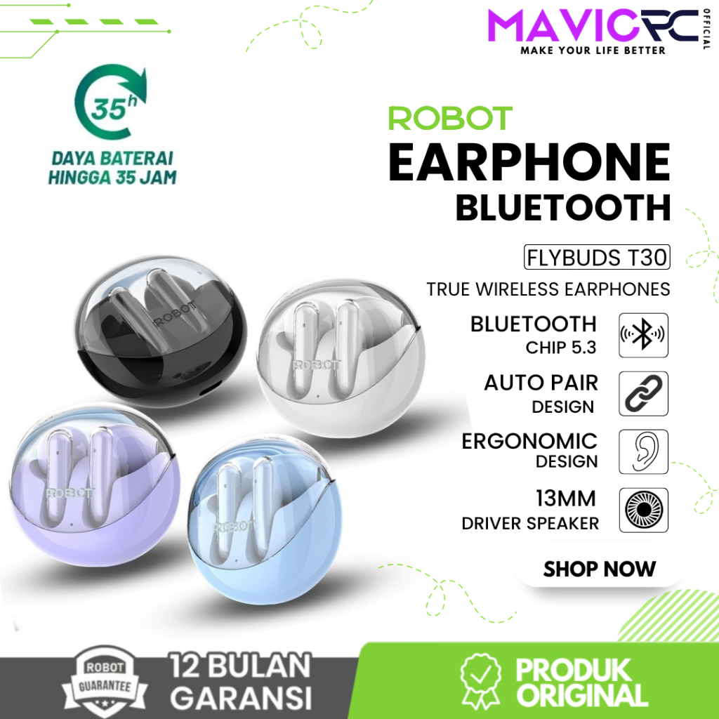 ROBOT Flybuds T30 TWS Wireless Earphone With Transparent Case Headset  Bluetooth Original Garansi Resmi Tahun - Main Image