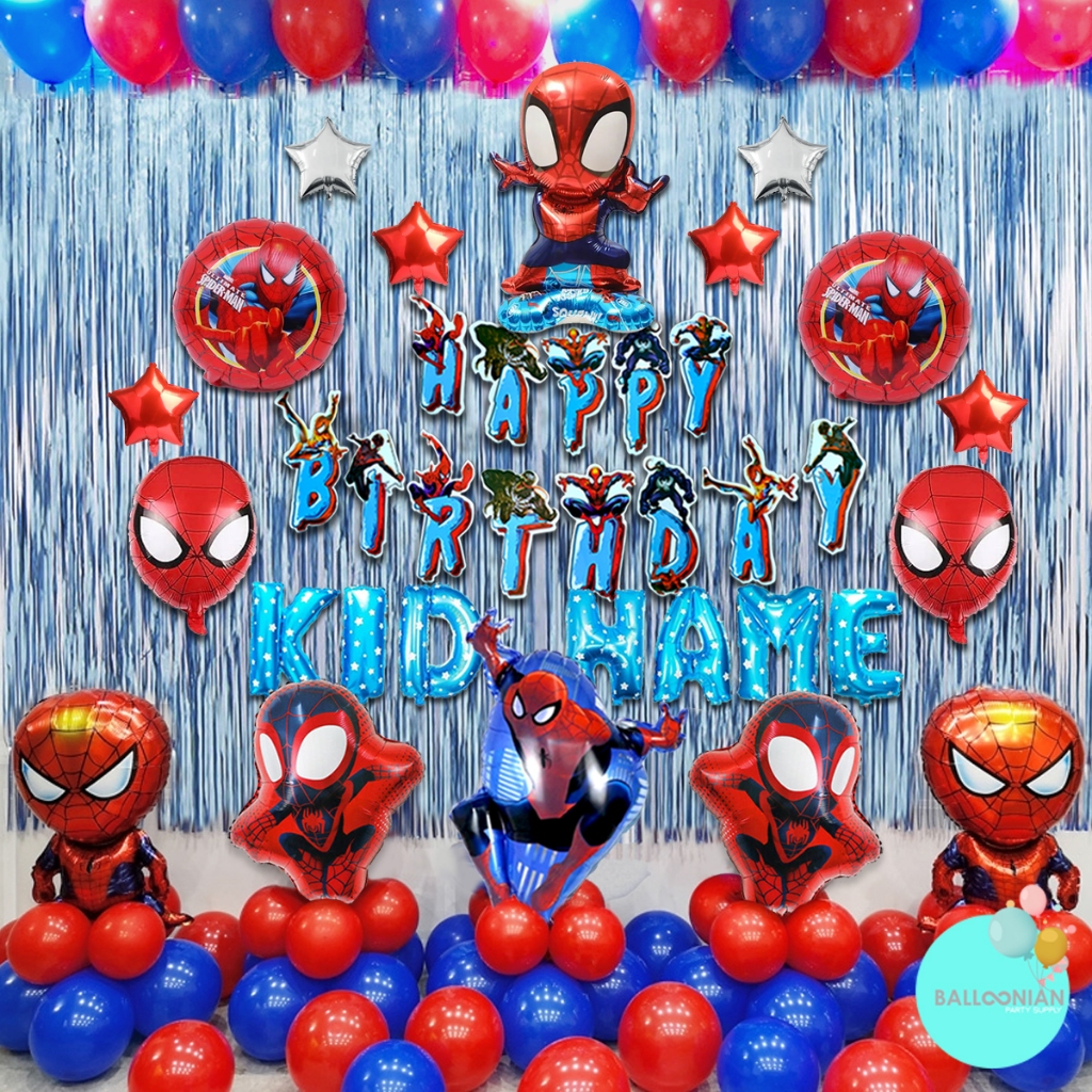 (Paket Balon Lengkap)SPIDERMAN PREMIUM MULTIVERSE SET/Balon Ulang tahun spiderman - lengkap dengan tirai dan nama anak