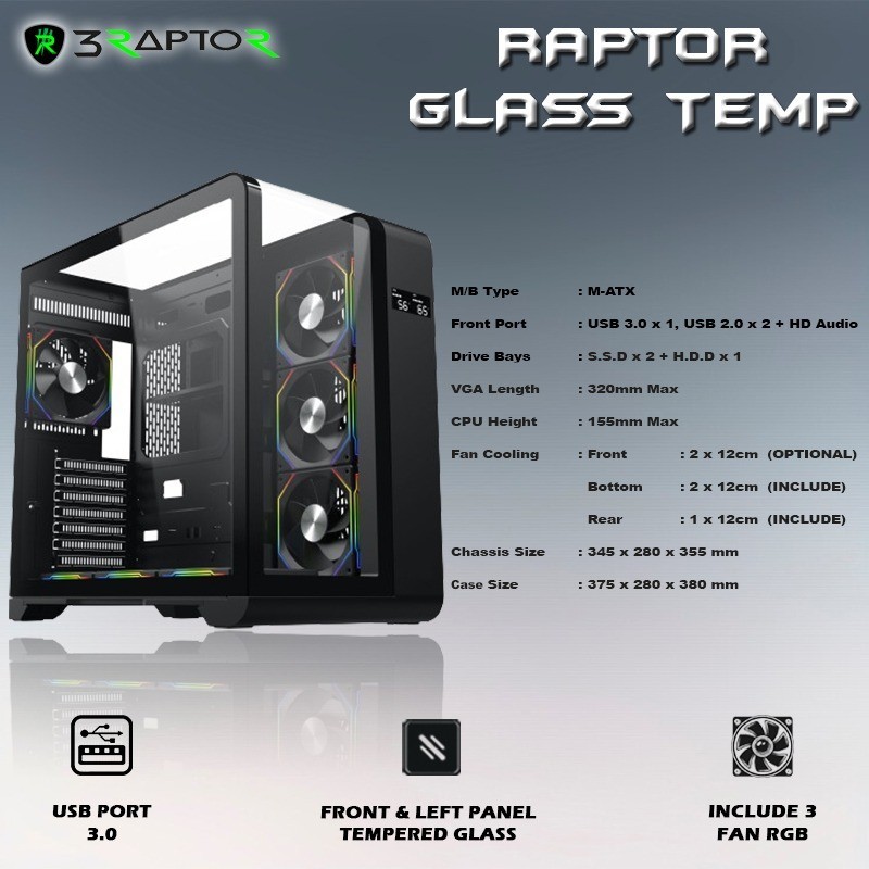Jual Raptor Temp Casing Komputer Gaming M-ATX Tempered Glass / Casing ...