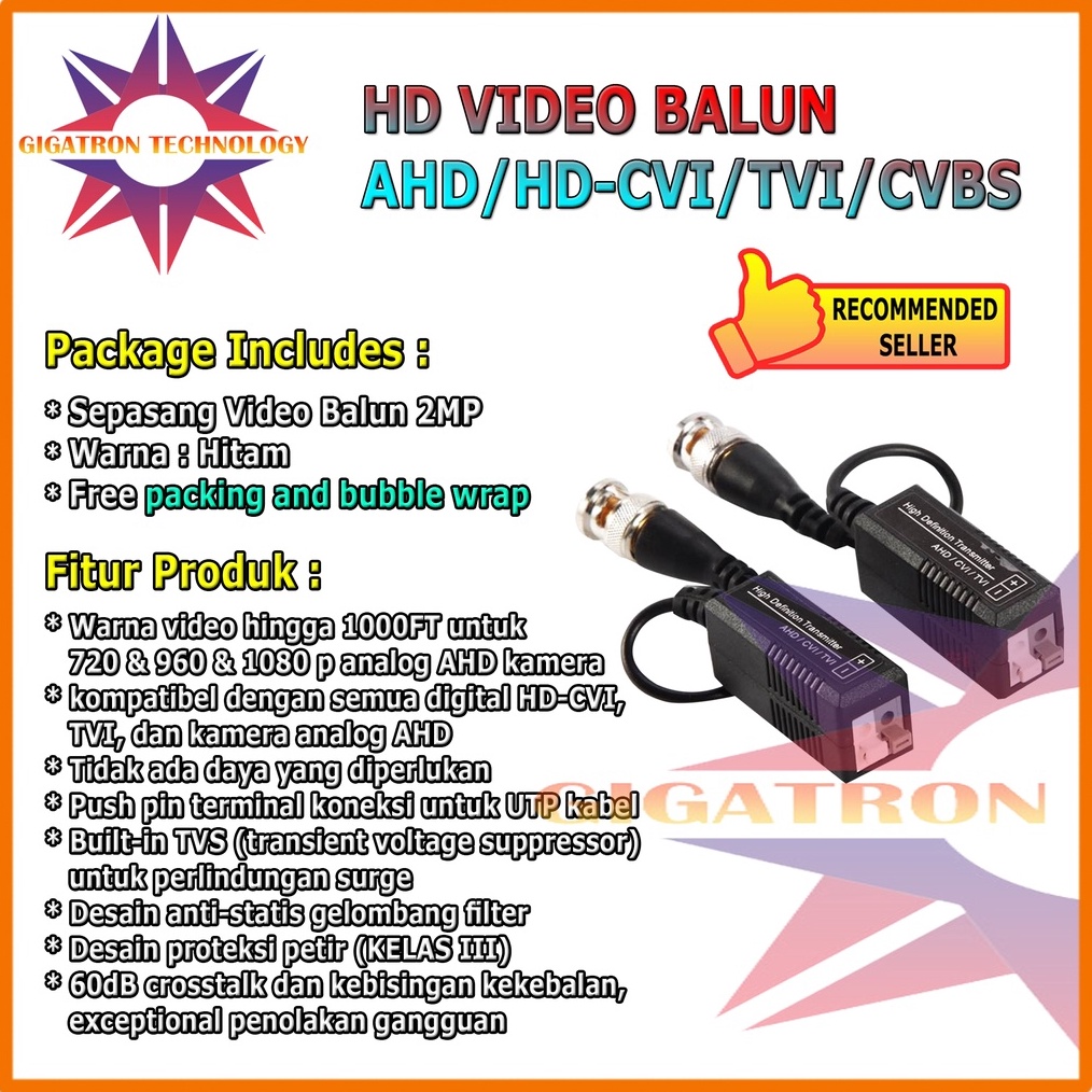 Jual Video Balun 1 Channel 2MP Compatibel Camera AHD TVI CVI Analog ...