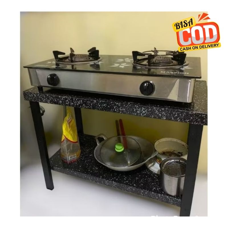 Jual Meja kompor gas 2 tungku meja rak 2 susun meja kayu hitam dan ...
