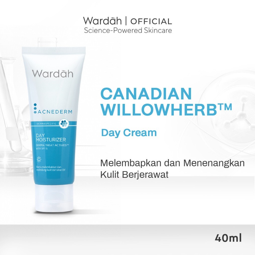 Wardah Acnederm Day Moisturizer 40 ml - Pelembab Wajah Berjerawat dengan SPF 15 - Krim Untuk Mencerahkan Kulit dan Menyamarkan Noda Bekas Jerawat