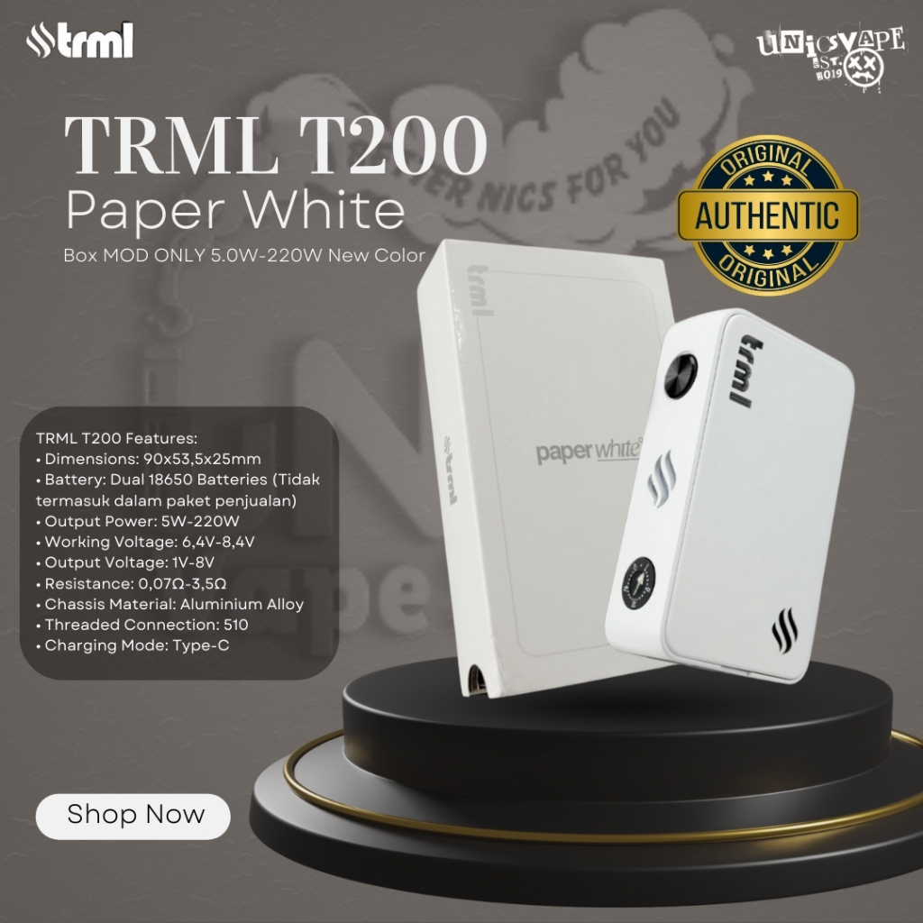 Jual TRML T200 PAPER WHITE Box MOD ONLY 5.0W-220W USB TYPE-C New Color ...