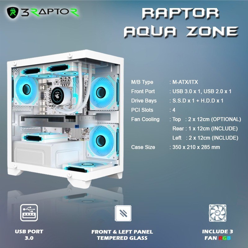Jual Raptor Aqua Zone Casing Komputer M-ATX Include 3 Fan RGB | Shopee ...