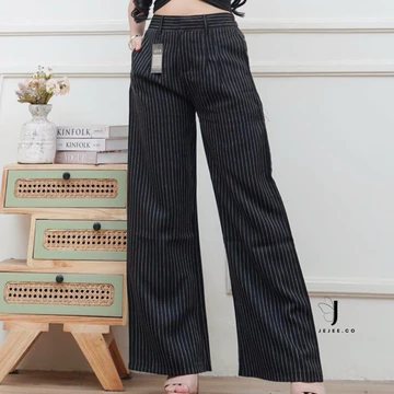 Jejee.Co Kuma Pants Loose Pants Stripe Trouser Wanita Celana Anti Kusut Celana Kulot Wanita