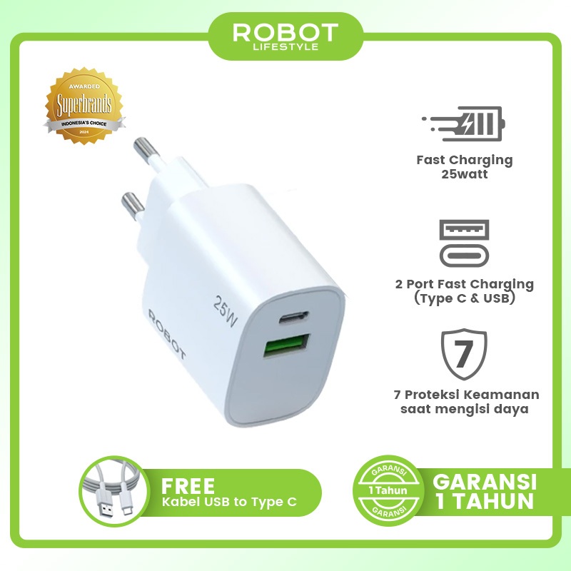 Jual ROBOT Adaptor Charger Fast Charging 25W PD QC30 Dual Port USB A ...