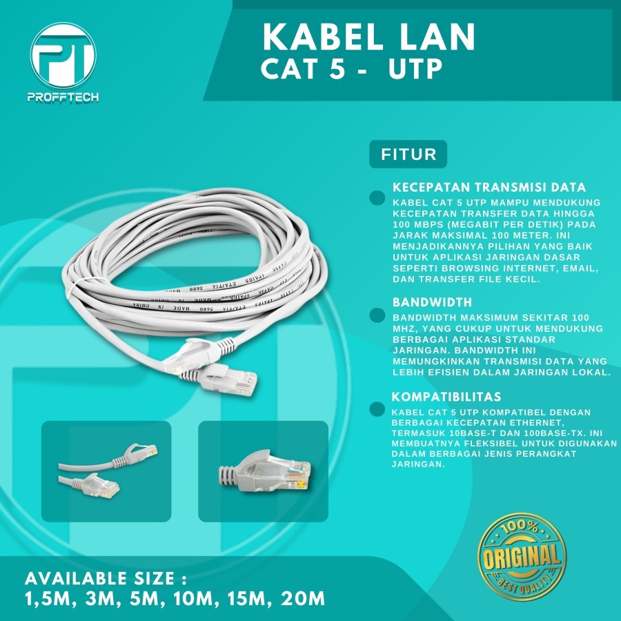 Jual Kabel UTP Cat 5 Indoor Kabel Lan Indoor Cat 5 E 15 Meter Profftech ...